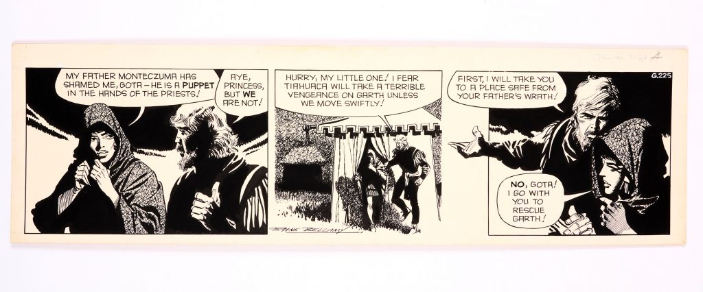 Garth: 'The Mask of Atacama' original artwork (1973) drawn and signed by Frank Bellamy for the Daily Mirror 21st September 1973 | Indian ink on board. 21 x 7 in 