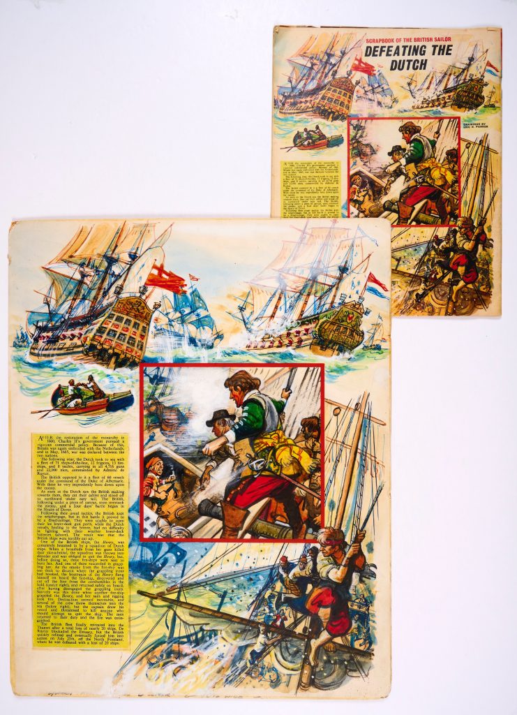Defeating the Dutch original back cover artwork (1968) by Eric Parker for Look and Learn No 326 13 April 1968. From the 'Scrapbook of the British Sailor' series (With original comic) 3 ins sealed tear to lower margin (not affecting artwork). Poster colour on board. 21 x 17 ins