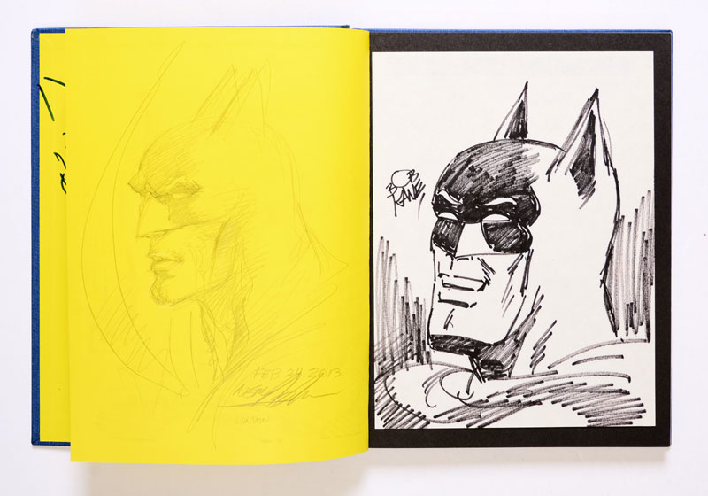 Batman & Me (1989 Eclipse Books USA). Limited edition number 305 of 1000 signed by Bob Kane, with full page Batman head sketch in black Sharpie pen also signed by Bob Kane, full fly page pencil head sketch of Batman signed 'Neil Adams Feb 24 2013 London' and Adam West signed interior front cover 'To Evie' with Batman outline sketch, dated 2004 London, and two promotional Adam West and Burt Ward Batman and Robin promotional colour photos | All in original slipcase, book and slipcase as new