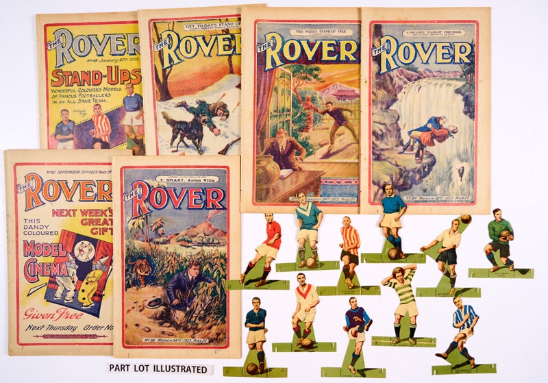 Rover (1923) 48-58 with all 11 free gift Stand-Up coloured models of Famous Footballers, No 82, 117 with all twelve Glossy Photos of Famous Cricketers, 140, 210, 221, 235, 236, 292, 312, 359, 360 first cover appearance of Morgyn the Mighty by Dudley Watkins, 361-364: all comics with their free gifts including Midget Rover Special Souvenir Number, Rover Handy Album, tinplate Vauxhall Photo, Speed Book, 100 Best Players Photo Album, Pocket Guide to Motor Cars, Handy album 500 Best Jokes and Riddles and complete 24 set Rover Warrior cards with original illustrated envelopes