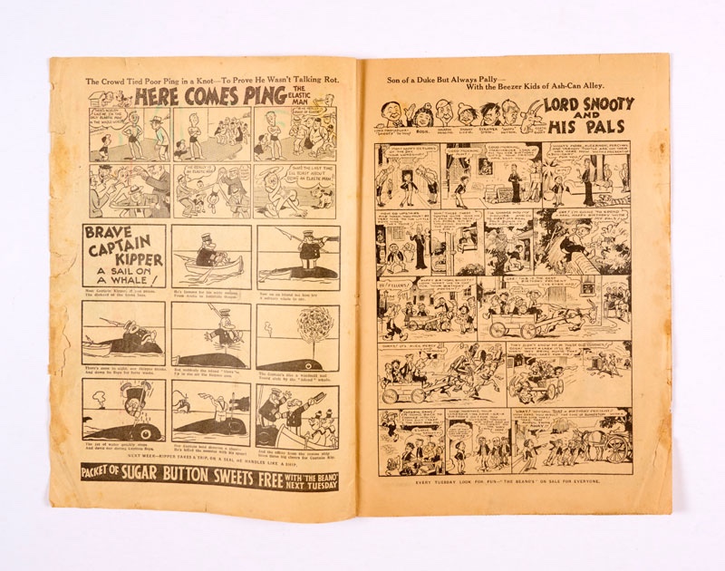 Beano Comic No 1 (1938) - Introducing Big Eggo, Lord Snooty and His Pals, Morgyn the Mighty, Little Peanut and Tin-Can Tommy. Bright cover colours, light tan/tan pages, small horizontal spine tear and several small tears to RH page overhangs (some minor loss)