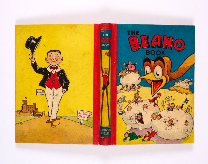 Beano Book No 2 (1941). Big Eggo hatches the Beano characters! Bright boards with some light scuff marks. Professionally strengthened and colour touched-in spine and corners. Original spine illustration. Erased pencil dedication. Light tan/tan pages, some with grubby margins, three with neatly repaired tears (no loss) [apparent fn-]