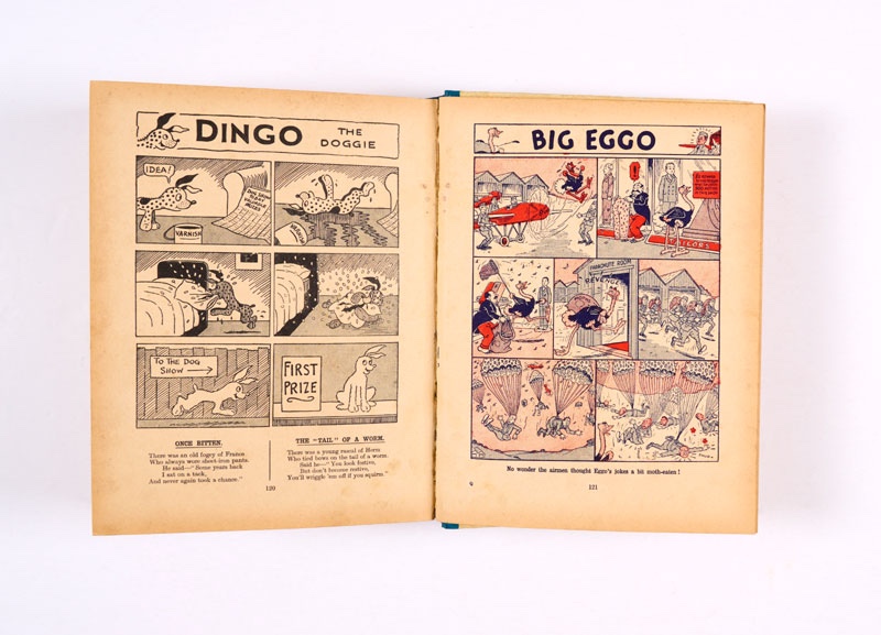 Beano Book No 1 (1940). Pansy Potter balances the Beano Bunch! Bright boards with professionally strengthened and colour touched-in spine and corners. Original spine illustration. Erased pencil dedication. Cream/light tan pages with slightly darker margins [apparent fn+] 