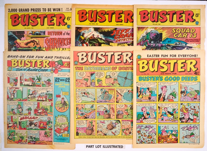 Buster (1961) 22 issues between 14th January - 25th November, including Easter and Fireworks issues with Buster (1963) 14 issues between 5 Jan-14 Dec and (1964) 4 issues between 14 Mar-21 Nov and (1965) 6 Feb. Starring Buster, the Son of Andy Capp, Phantom Force 5, The Shrinker, The Terrors of Tornado St and Milkiway - The Man from Mars