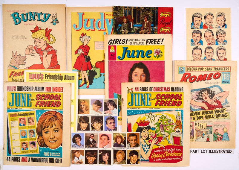 Girl's Comics (1960s) Bunty 191, 459, 615, Judy 73, 175, 261, June: 25 Mar 1961 wfg Superb Album of Royal Pets with all 9 colour photos inserted. June: 1 April, 8 April, 15 April, June And School Friend 30 Jan 1965 wfg Lulu's Friendship Album and 24 (unstuck) stickers incl. Mick Jagger, John Lennon and George Harrison also given away with June and School Friend 6-20 Feb 1965, with Xmas 1965 and Romeo 159 (1960) with set of 9 Colour Pop Star Transfers Gifts as new, comics [vg/fn]