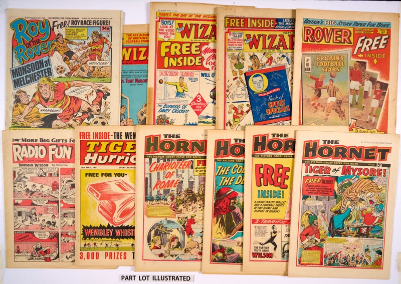 Hornet (1965) 75-78 with all Football free gifts 'Top Players and Teams of Today and Yesterday' complete in plastic wallet, Tiger And Hurricane (15 May 1965) wfg Wembley Whistle in illustrated envelope. With Radio Fun 925 (1956) wfg British Sports Stars 1-20 complete coloured photo card set incl Peter May, Gordon Pirie, Stanley Matthews, John Surtees, Brian Statham, Stirling Moss, Cliff Morgan, Billy Wright, Judy Grinham and Reg Harris and Roy of The Rovers (22.3.1986) wfg Roy Race Standee figure. With Wizard (1957) 1652, 1653 wfgs Leslie Welch 'The Memory Man' booklets of Football Facts, Booklet of Sports Specials, Wizard (1963) No 1970 wfg Ace Album of Britain's Football 
