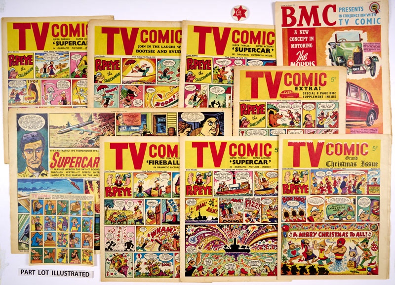 TV Comic (1962) 525-576. Complete year with free gifts Milky Bar Kid badge (No 536), BMC Supplement (564) and Popeye transfers (566). Starring Popeye, Fireball XL5 begins (572), Supercar colour centre spread, Four Feather Falls, The Range Rider and The Milky Bar Kid. Nos 535, 541 [gd], 15 issues 