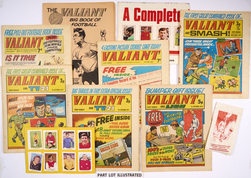 Valiant (1968-71) 16 Mar 1968 wfg 32 pages Valiant Big Book of Football, 23 May 1970 wfg World Cup 1970 Complete Record, Valiant And Smash No 1 (10 Apr 1971), Valiant And TV21 No 1 (2 Oct 1971) with first Star Trek adventure, Nos 3-6 with My Favourite Soccer Stars Album with all 32 picture card inserts and Valiant And Lion No 1 (5 Oct 1974) wfg The Kicking Footballer in original illustrated bag with assembly instructions. (This gift is rare) | Gifts as new, comic