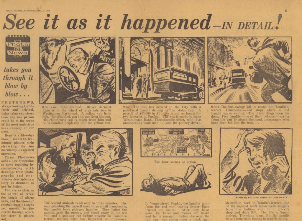A half page illustrated story board of a bank robbery, art by Jon Peaty, published by the Daily Express in May 1958