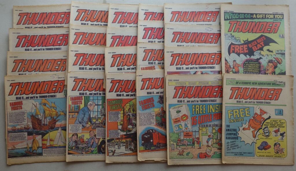 A complete run of the short-lived boys weekly Thunder, the birthplace of “Adam Eterno”, which merged with Lion after just 22 issues