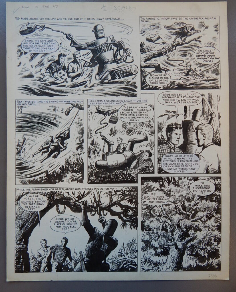 Lion "Robot Archie" page from the story "Mystery of the Giant Bats", first published in Lion cover dated 14th January 1967, with art by Ernest Kearon