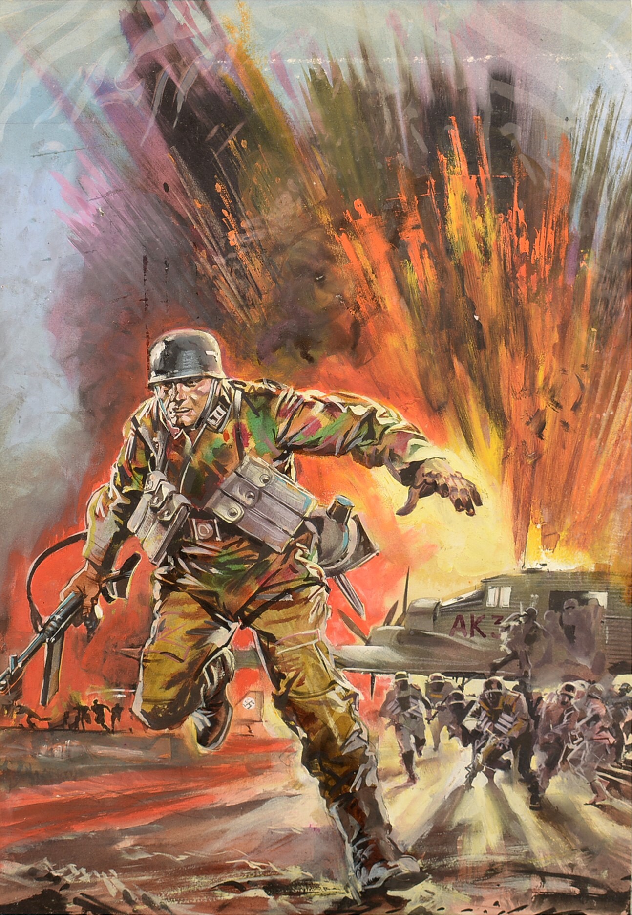Original Art Work for the front cover of War Picture Library, No. 122 'The Savage Island', by Giorgio de Gaspari, gouache on board, image size 45 x 33cms, unframed, with studio Creazioni D'Ami, Milan, creator's stamp verso, originally published November 1961, subsequently republished as War Picture Library No. 619 ' Flame of Defiance' and War Picture Library, No. 1459. Provenance: The Fleetway Publisher's Archive Collection of Peter Hansen