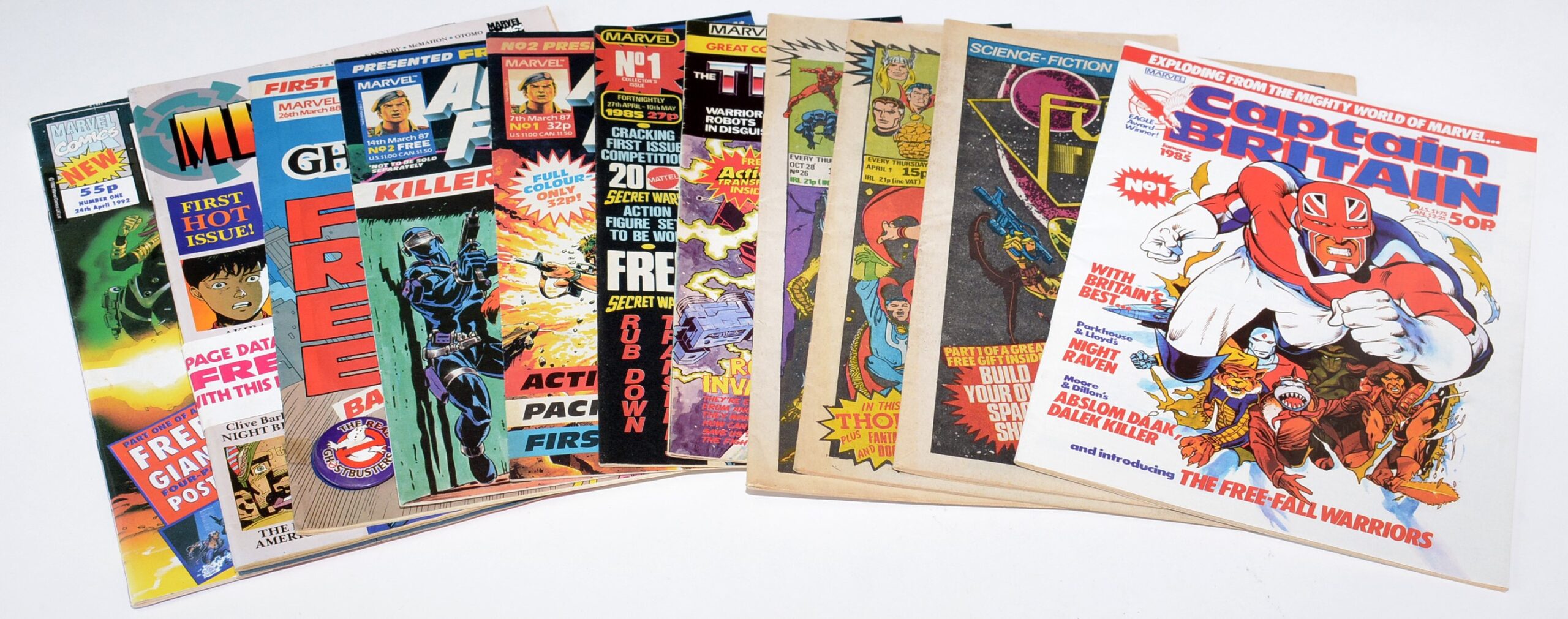 First issues of a variety of 1980s and 90s Marvel UK comics including Overkill, Meltdown and Captain Britain