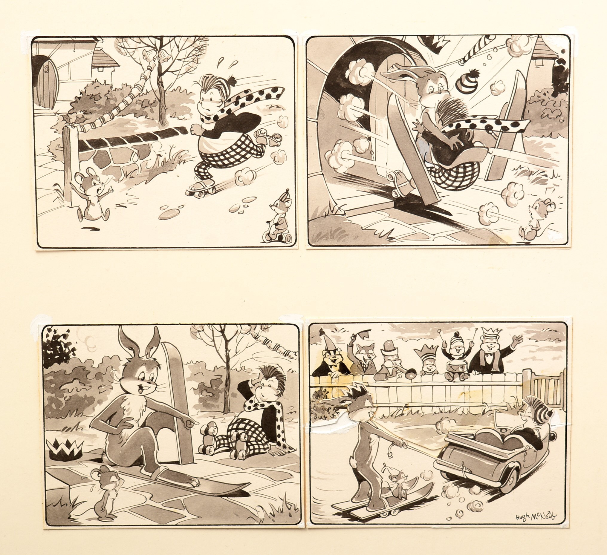 Four Original Art Work panels by Hugh McNeill depicting Harold Hare from Jack and Jill Comic, pen, ink and wash, signed in the last panel, 24 x 25.5cms on backing board, 36 x 39cms