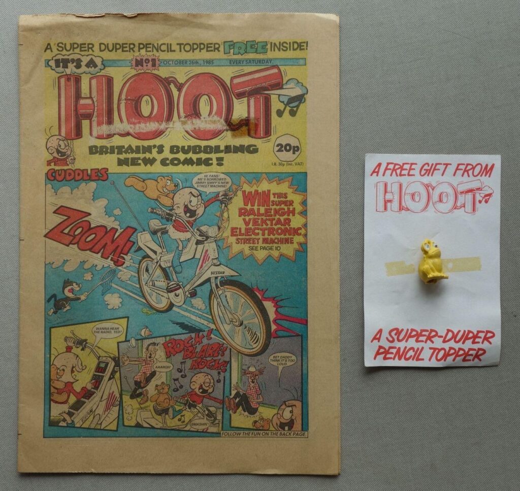 The first issue of DC Thomson’s humour comic, HOOT, cover dated 26th October 1985, with free gift