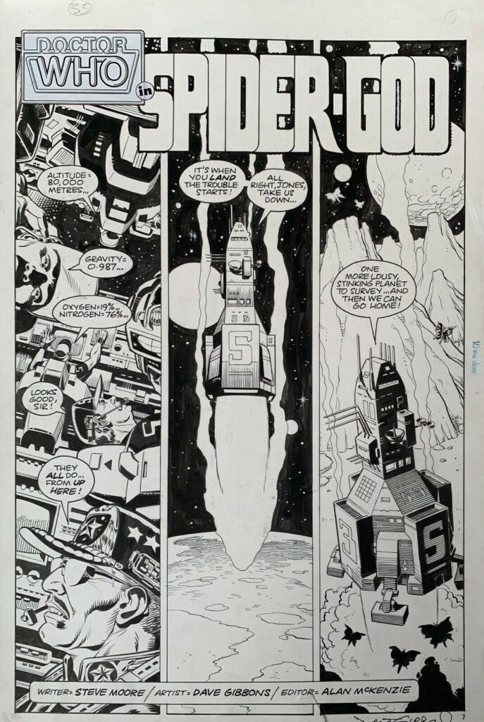 Signed by artist Dave Gibbons, on offer from GotCarter is this opening page of the story “Spider God”, published in Doctor Who Monthly in 1981, a brilliant one episode tale by Steve Moore