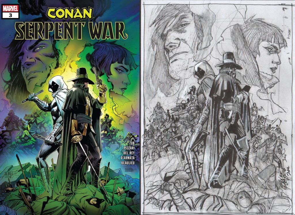 Preliminary drawing for the cover of Conan - Serpent War 3, by Carlos Pacheco