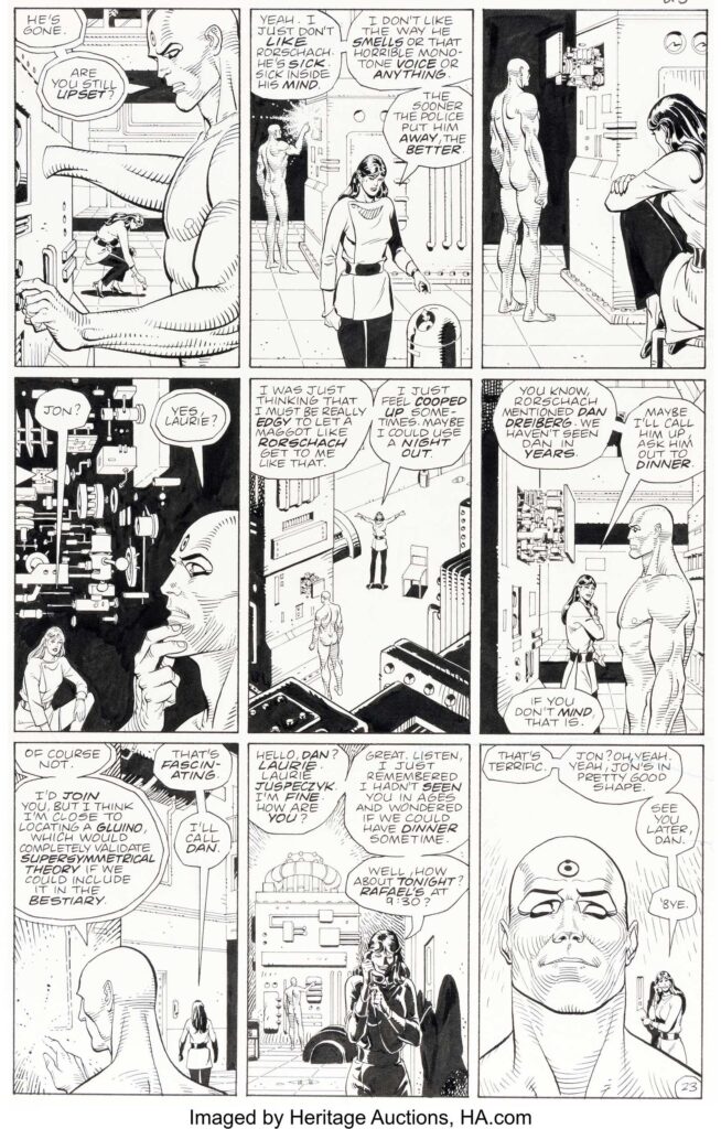 Dave Gibbons and John Higgins Watchmen 1 Story Page 23 Dr. Manhattan and Silk Spectre Original Art and Colour Guide
