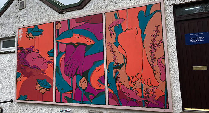 Windermere Arctic Charr mural on the Lake District Boat Club for LICAF 2022 by Mehdi Annassi
