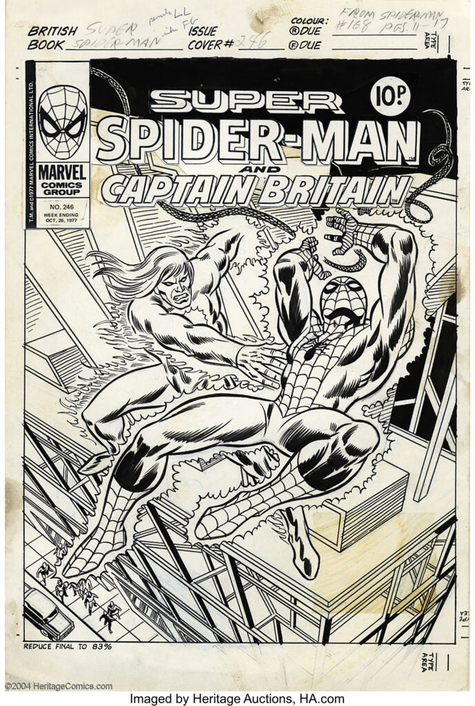 Super Spider-Man and Captain Britain #246 Cover Original art by Larry Lieber and Frank Giacoia, sold by Heritage Auctions back in 2004, for $345