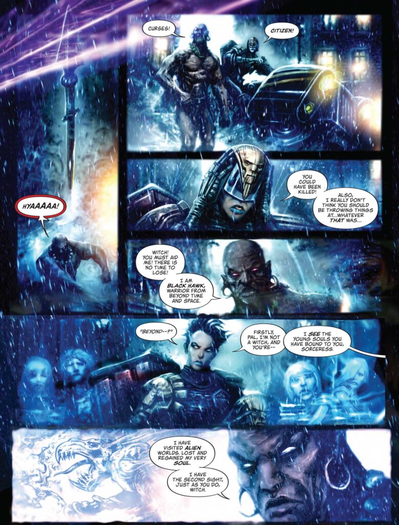 Blackhawk meets Lilian Storm, in the 2020 2000AD SciFi Special, by John Reppion and Clint Langley