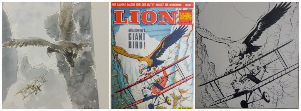Side by side - art by Albert Weinberg for his strip, “Dan Cooper”, and Ian Kennedy’s  cover and cover art for Lion, cover dated 9th October 1965