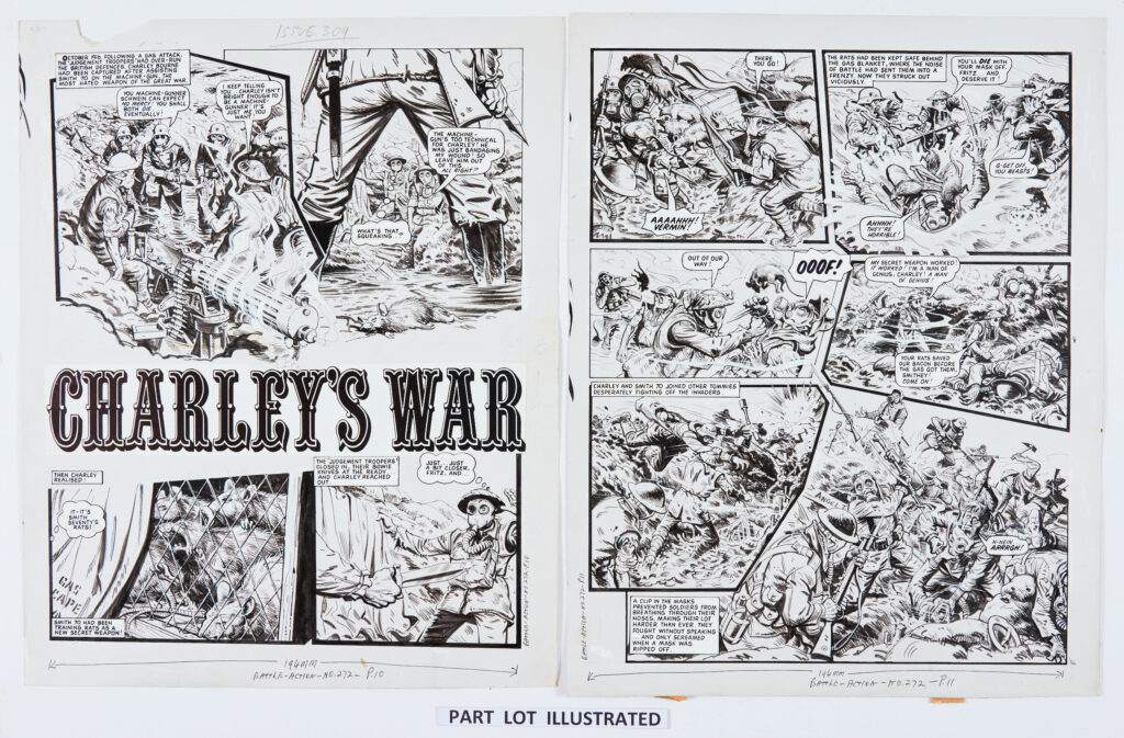 Charley's War by Joe Colquhoun for Battle-Action 272 (1980). October 1916. Following a gas attack the German "Judgement Troopers" had over-run the British defences and Charlie Bourne had been captured after assisting Smith 70 on the Vickers machine gun - the most hated weapon of the Great War. Indian ink on card 19 x 15 ins