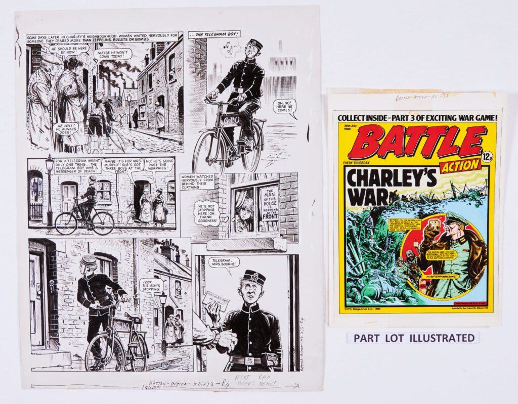 Charley's War art by Joe Colquhoun for Battle-Action 273 (1980). With Battle Action 273 painted front cover with printed layout acetate overlay. After rebuffing the initial Judgement Troopers gas attack Charlie and his surviving comrades were waiting for the end. But the Judgement Troopers had sustained heavy losses as well and the German High Command refused to send re-inforcements... Indian ink on card. 19 x 15 ins. With Battle Action cover and overlay