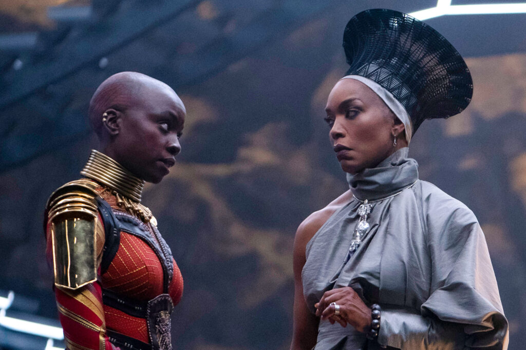 Left to right: Danai Gurira as Okoye and Angela Bassett as Ramonda in Marvel Studios' Black Panther - Wakanda Forever. Photo by Eli Adé. © 2022 MARVEL.