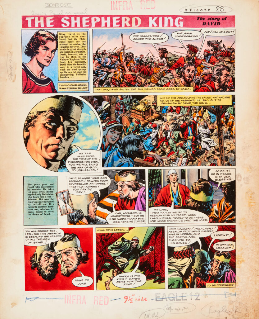 "David, The Shepherd King" original back cover artwork by Frank Bellamy for The Eagle (1959) Vol. 10, No. 12. The Philistine hordes march on Jerusalem as David hides his army in the outlying forest setting a trap to repel the invaders and, years later, King David's son, Absalom, plots treachery against his father. The ‘Shepherd King’ title and top left-hand panel of Young David and explanatory text are laser colour additions to complete the look of the artwork.