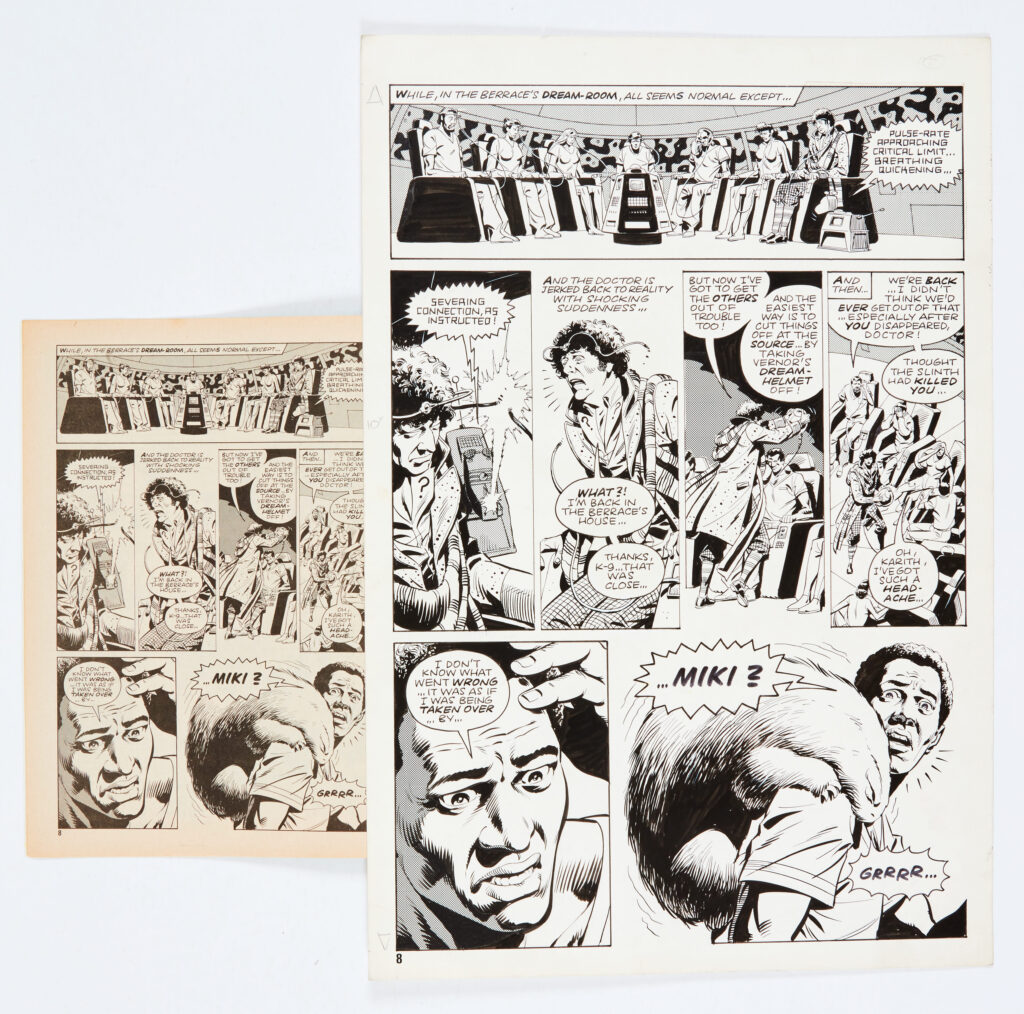 Doctor Who original artwork (1980) by Dave Gibbons from Doctor Who Marvel Monthly No 48 (1980). With original comic. Pen and ink on card. 19 x 13 ins