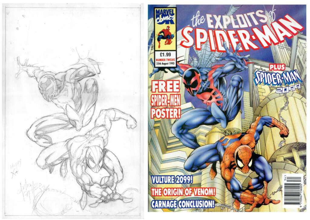 Carlos Pacheco’s original pencils for his first Exploits of Spider-man cover for Marvel,UK, and the final cover. “A very happy day when the original art for this cover dropped onto my desk at Marvel,” comments the title’s editor, Tim Quinn. “I was used to fab covers from our amazing band of illustrators but this one had extra energy and zip. A sad day today to hear that the artist of this wonder, Carlos Pacheco, has regenerated at way too early an age.” Pencils via ComicArtFans