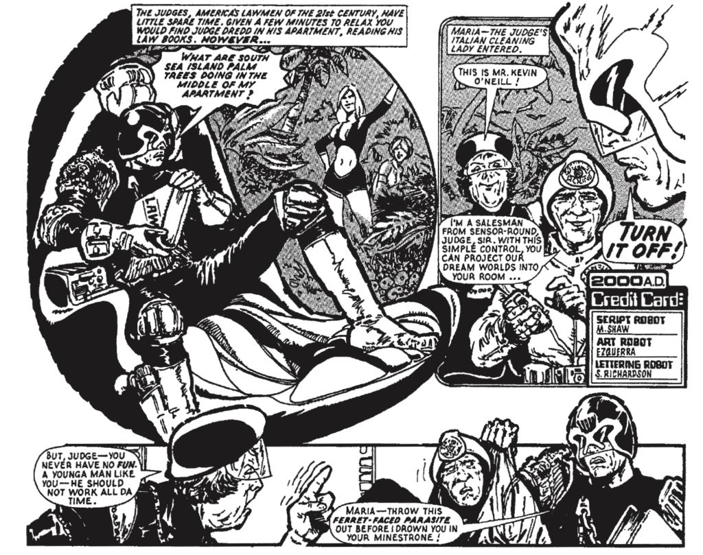 Carlos Ezquerra has some fun at Kevin O’Neill’s expense, in an early “Judge Dredd” story. With thanks to David McDonald