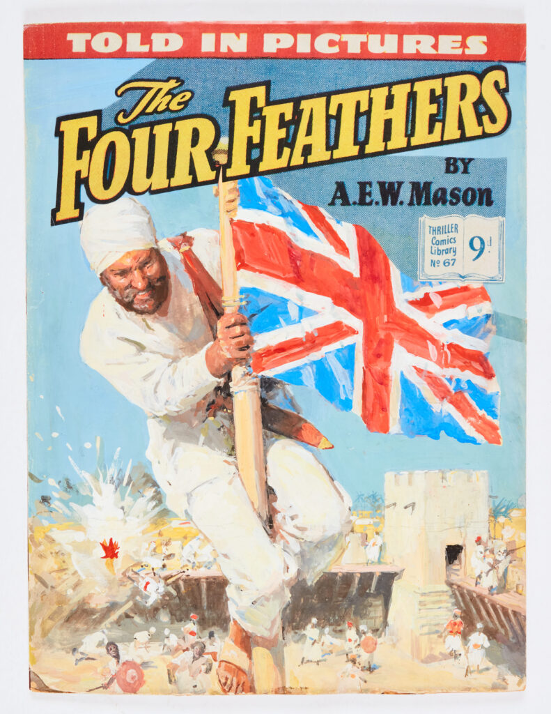 The Four Feathers original cover artwork (1954) by Royal Academician, Septimus E Scott for Thriller Comics Library No 67. With removeable laser copy title overlay. 1" tape to edge, small corner piece missing. Gouache on board. 21 x 16"