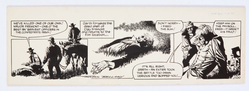 Garth: "The Angels of Hell's Gap" original artwork (1975) drawn and signed by Frank Bellamy for the Daily Mirror 1st May 1975. Indian ink on board. 21 x 7 ins
