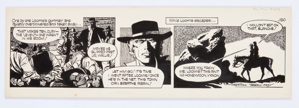 Garth: "The Angels of Hell's Gap" original artwork (1975) drawn and signed by Frank Bellamy, for the Daily Mirror, 8th April 1975. Indian ink on board. 21 x 7 ins