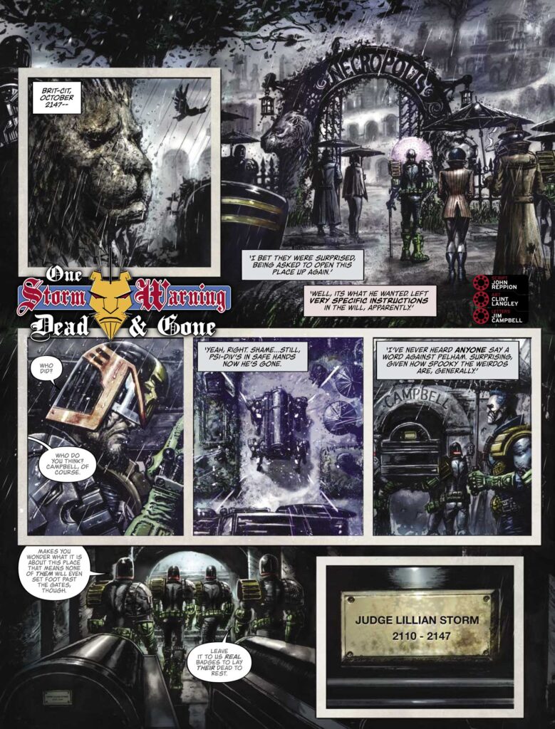 The opening page of  - "Storm Warning - Dead and Gone" by John Reppion and Clint Langley, from Judge Dredd Megazine 449