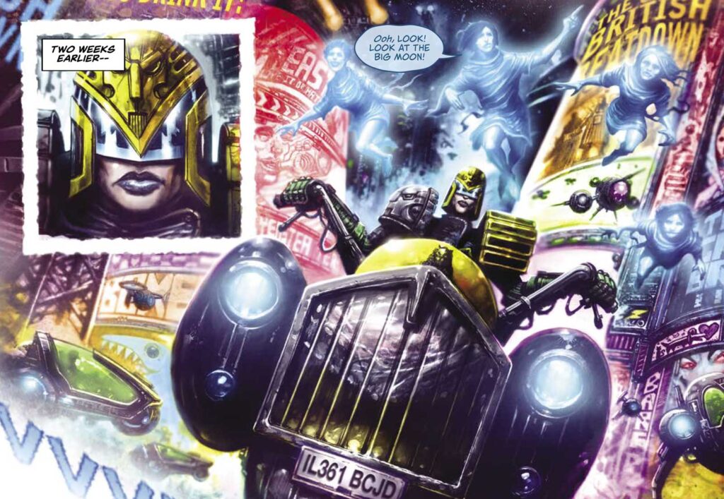 A tease for the second episode of "Storm Warning - Dead and Gone" by John Reppion and Clint Langley, from Judge Dredd Megazine 450, on sale next week