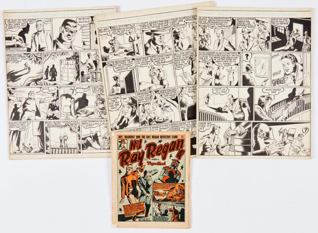 Ray Regan No. 1: three original artworks (1949) by Ron Embleton. This was Embleton's first commercial work and he also wrote the story. Ray Regan No. 1 was published and edited by Denis Gifford, whose Tiger Man story debuted in this one and only issue. Embleton also drew a self-portrait which was printed on Gifford's editorial page. Indian ink on board, 14 x 11 ins (3 artworks) with original comic