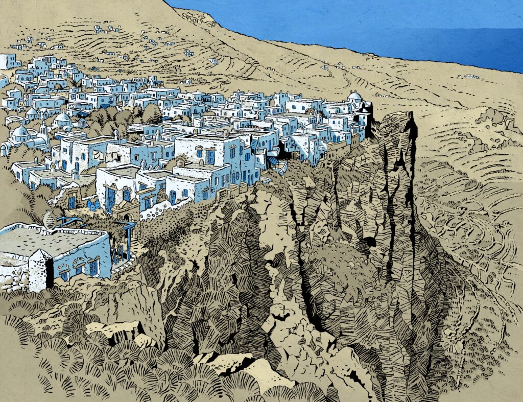 Scene setting - Folegandros, Greece, as seen in Sunburn by Andi Watson and Simon Gane (Image Comics, 2022)