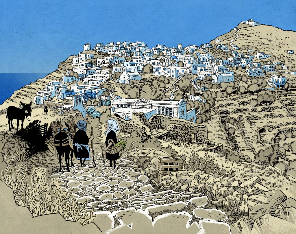 Scene setting - Sikinos, Greece, as seen in Sunburn by Andi Watson and Simon Gane (Image Comics, 2022)