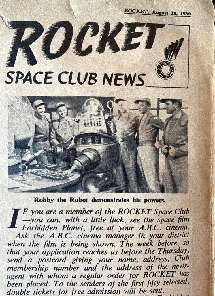 Rocket, cover dated 18th August 1956 - a promotion for the release of Forbidden Planet in the weekly comic, Rocket, notes Robby was “on tour” of the UK in August 1956. Images with thanks to Iain McClumpha