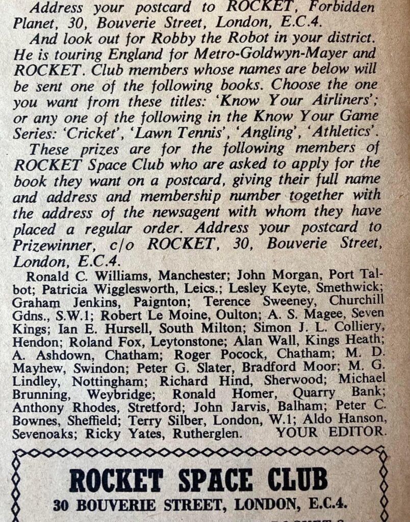 Rocket, cover dated 18th August 1956 - a promotion for the release of Forbidden Planet in the weekly comic, Rocket, notes Robby was “on tour” of the UK in August 1956. Images with thanks to Iain McClumpha
