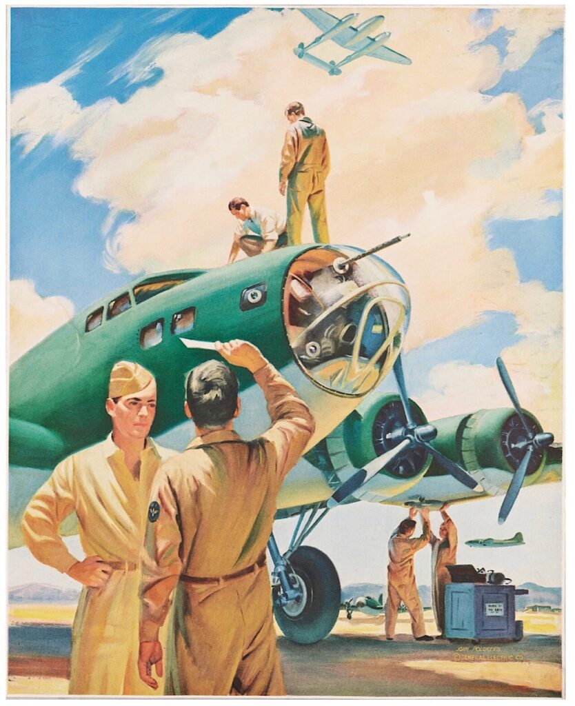 “Wherever G-E Equipment Goes into Battle, G-E Service Engineers Are on Duty”, promotional art for General Electric Company by John Polgreen, date unknown 