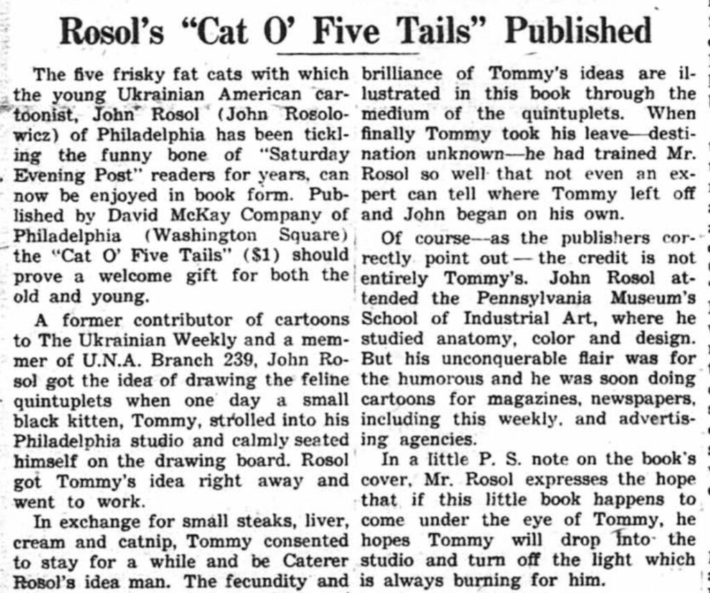 John Rosol’s collection of Cat of Five Tails was announced in Ukrainian Weekly on 16th December 1944