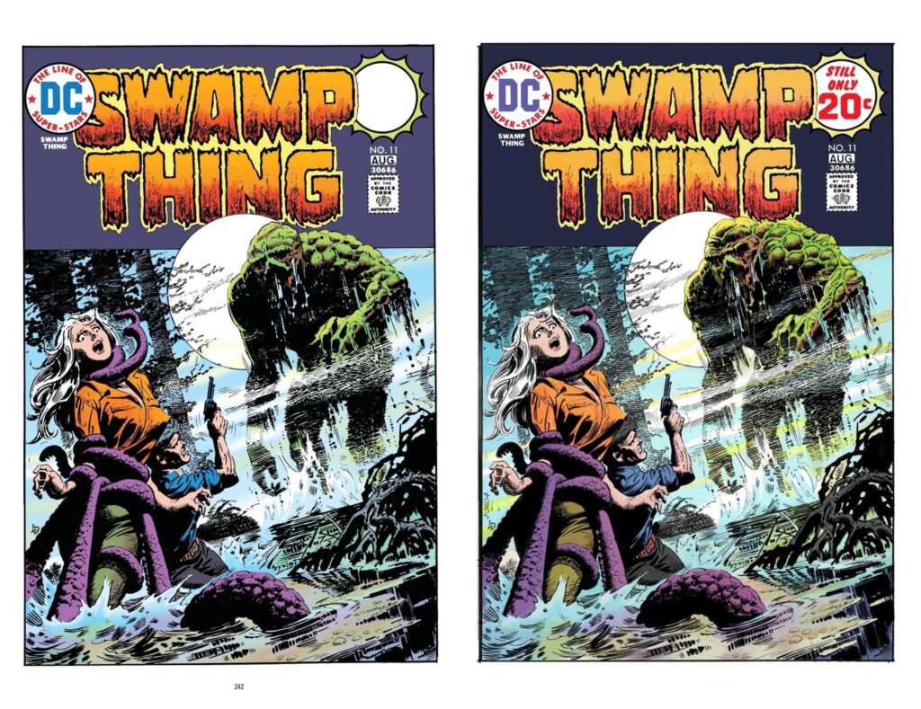 The new edition of Absolute Swamp Thing would not have been nearly as good without the generous help of several fans and collectors. The only image in the book not by Wrightson or Redondo is the fantastic cover for issue 11 by the wildly underrated Luis Dominguez. “The line art that DC provided was not just very poor, but also wrong,” José has revealed. “It was used in the Bronze Age Omnibus (on the left). Chris Palmerini has the original art, and sent me a good-quality scan, making possible the image on the right, which is how it appears in the new Absolute.”