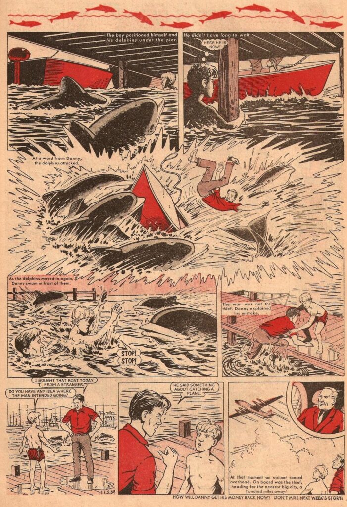 “Danny on a Dolphin”, drawn by David Sutherland for The Beano (1960). Via Wacky Comics | Copyright DC Thomson 