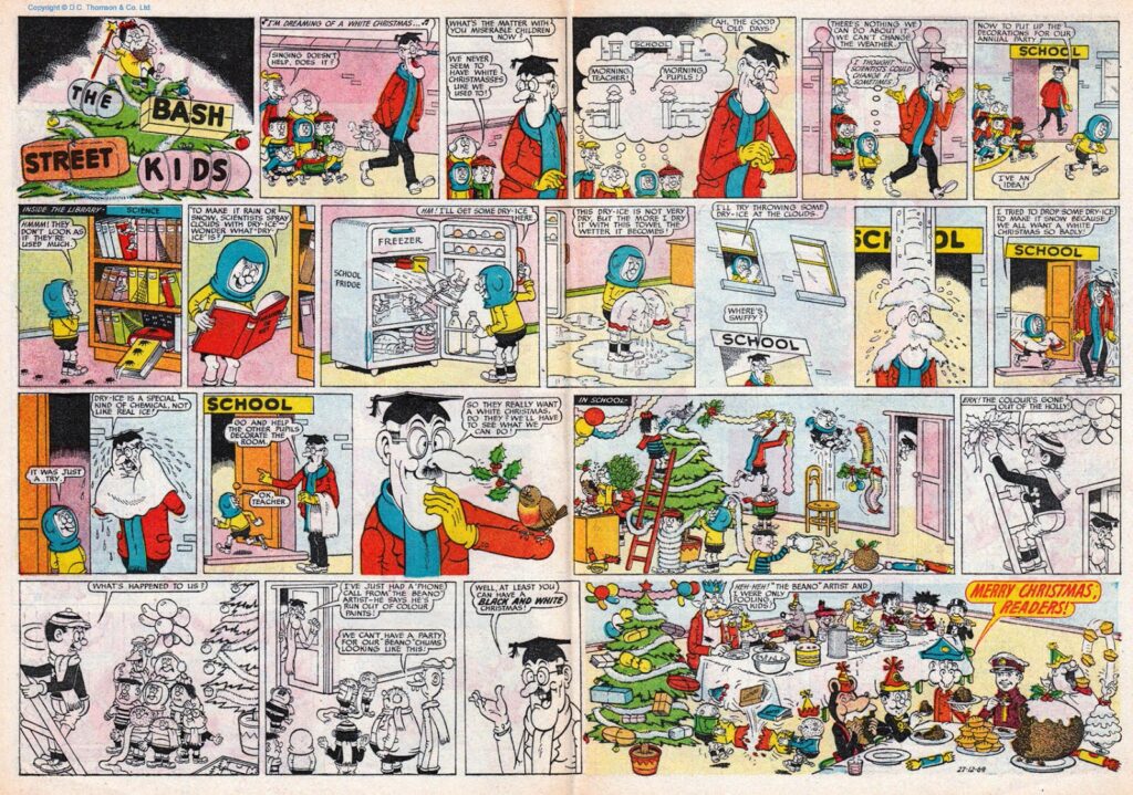 A Christmas episode of “The Bash Street Kids” drawn by David Sutherland, from The Beano No. 1432, cover dated 27th December 1969, with thanks to Lew Stringer | Copyright DC Thomson