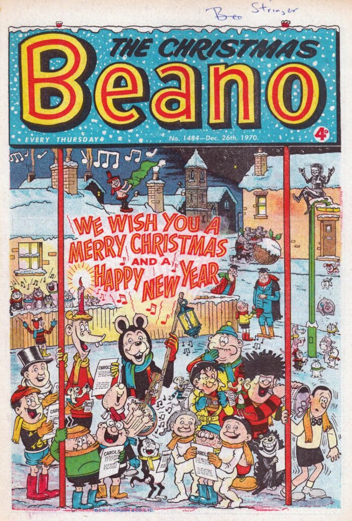 A classic Christmas and New Year celebration cover drawn by David Sutherland, for The Beano No. 1484, cover dated 26th December 1970, with thanks to Lew Stringer | Copyright DC Thomson