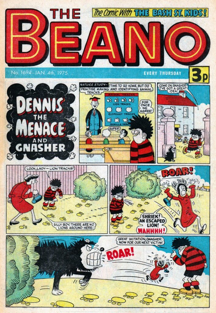 An episode of “Dennis the Menace and Gnasher” drawn by David Sutherland, from The Beano No. 1694, cover dated 4th January 1974, with thanks to Lew Stringer | Copyright DC Thomson